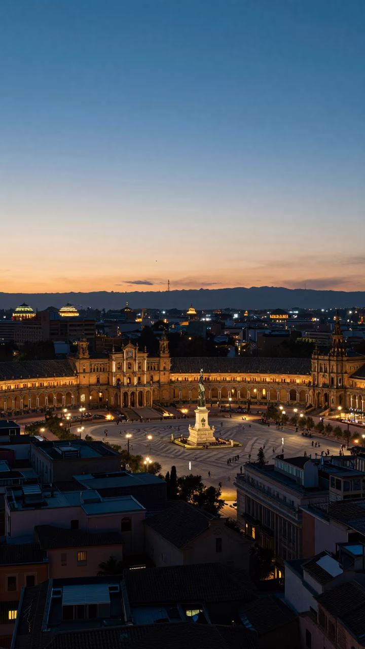 Twilight View of Madrid Cityscape with Plaza de España Statue and Urban Lights in in Madrid, Spain