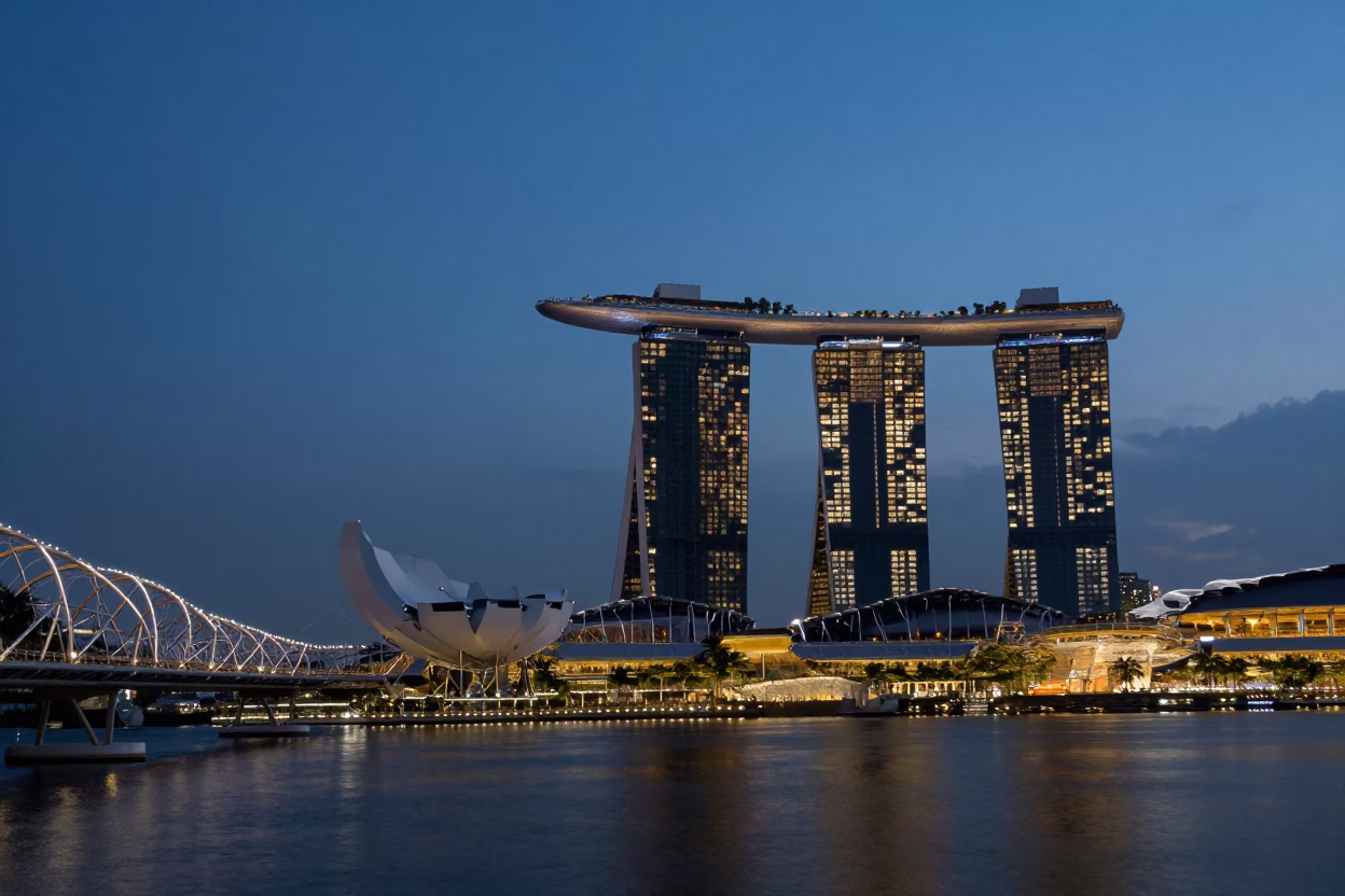 Twilight View of Marina Bay Sands and Helix Bridge from Singapore Waterfront Promenade in in Singapore, Singapore