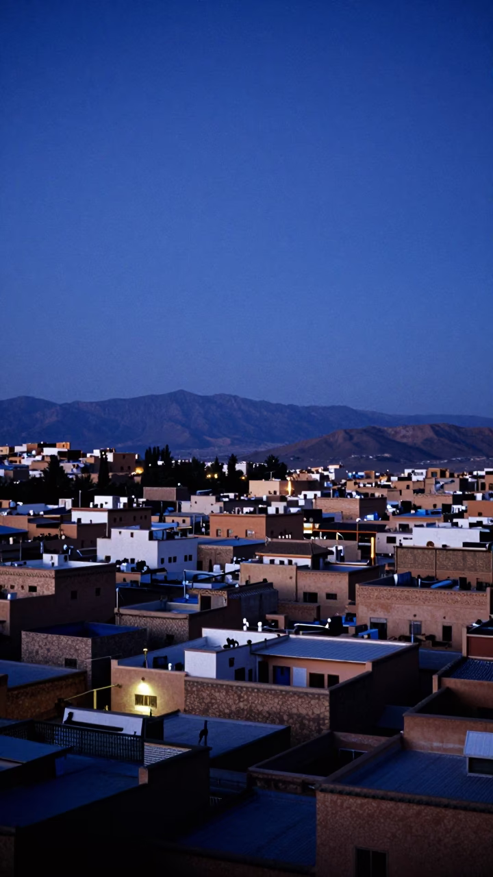 Twilight View of Marrakech Medina Rooftops and Distant Atlas Mountains in in Marrakech, Morocco