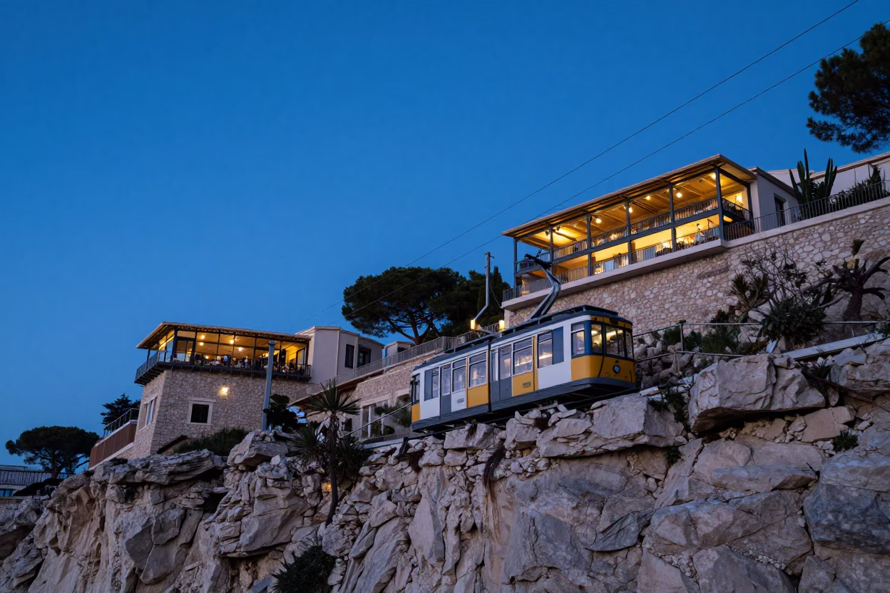 Twilight View of Marseille Funicular Approaching Cliffside Restaurant with City Lights in in Marseille, France
