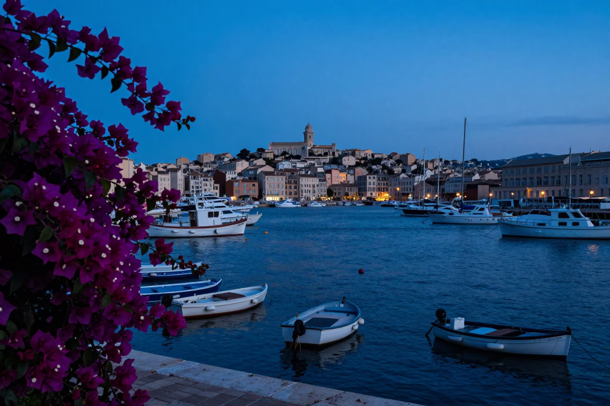Twilight view of Marseille harbor with bougainvillea and distant lighthouse in in Marseille, France