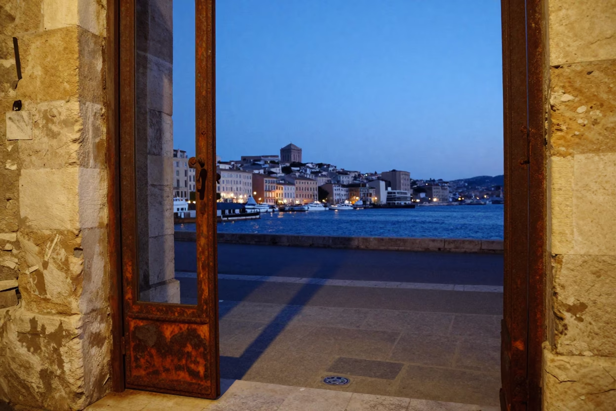 Twilight View of Marseille Old Port with Rusty Doorframe and Ceramic Bowl Detail in in Marseille, France