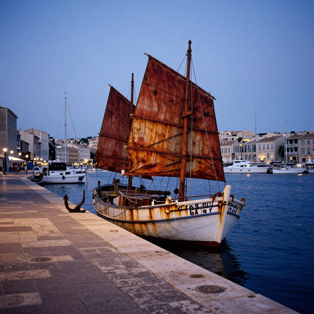 Twilight View of Marseille's Old Port with Rusty Sailboat and Palm Silhouettes in in Marseille, France