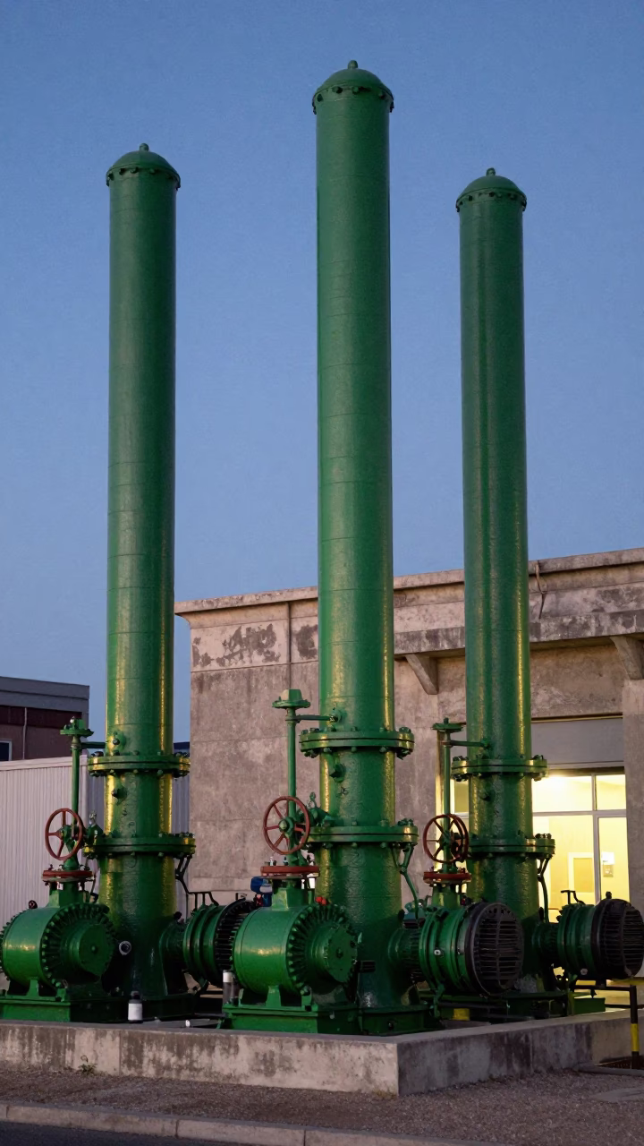 Twilight View of Marseille Sewage Pumping Station with Green Pumps in in Marseille, France