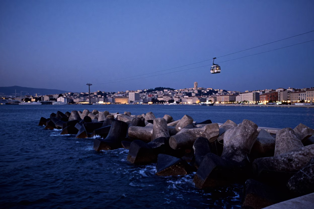 Twilight View of Marseille Vieux Port Breakwater Tetrapods and Cable Car in in Marseille, France