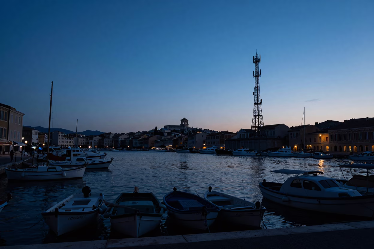 Twilight View of Marseille Vieux-Port with Telecommunication Mast on Mont Vauban Summit in in Marseille, France