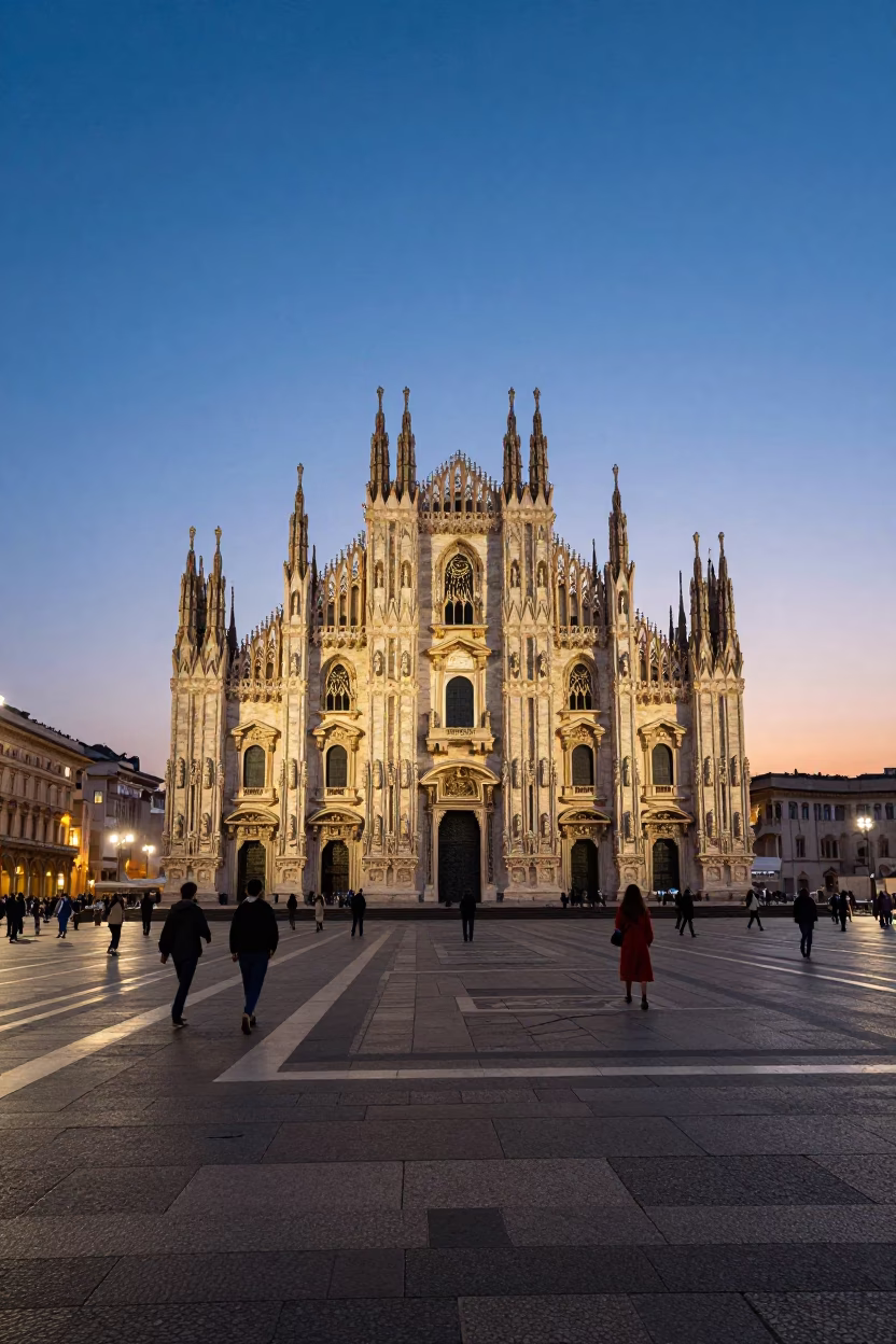 Twilight View of Milan Cathedral and Historic Piazza Duomo Architecture in Italy in in Milan, Italy