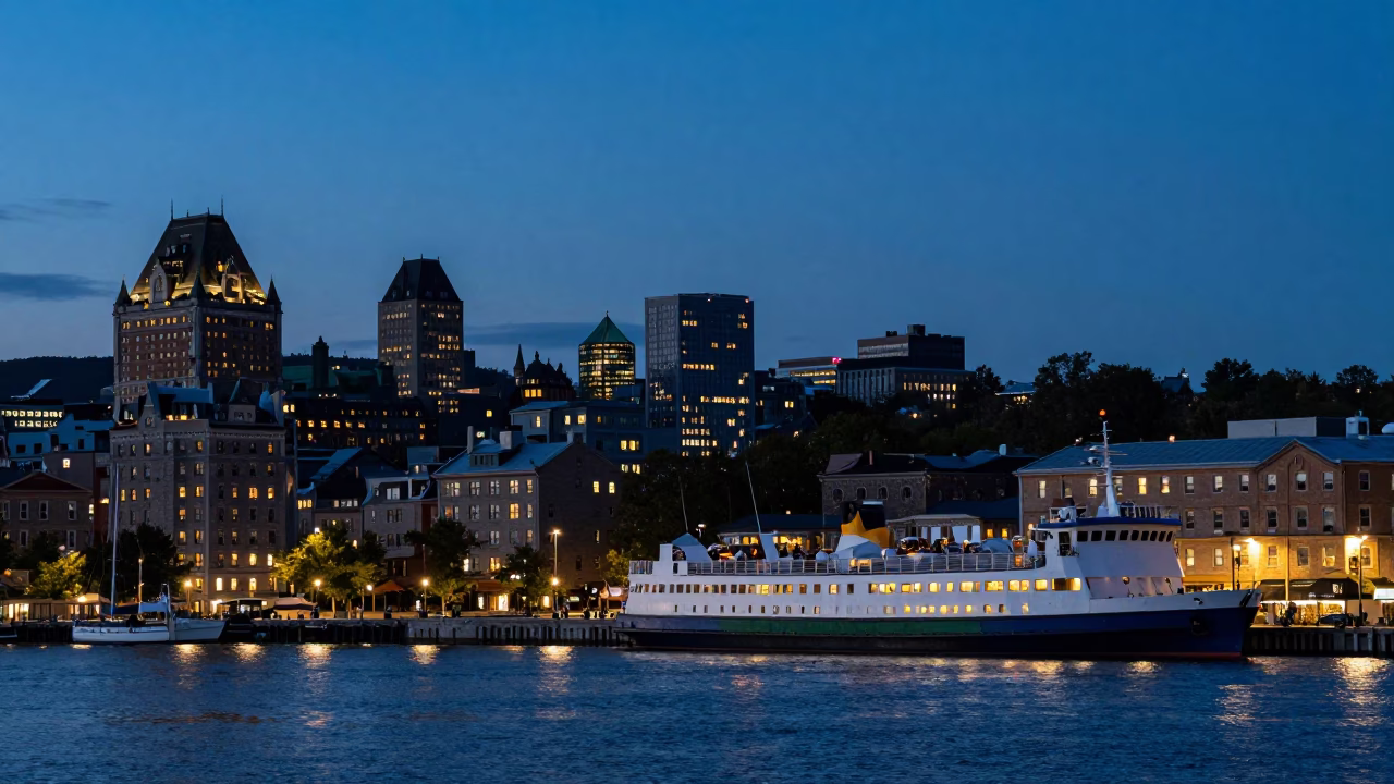 Twilight View of Montreal Old Port Ferries and Mount Royal Mountains in in Montreal, Quebec, Canada