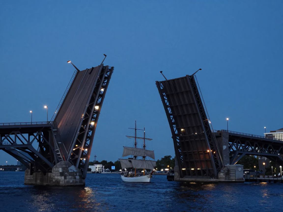 Twilight View of Montreal's Old Port Drawbridge Raising for Tall Ship in in Montreal, Quebec, Canada