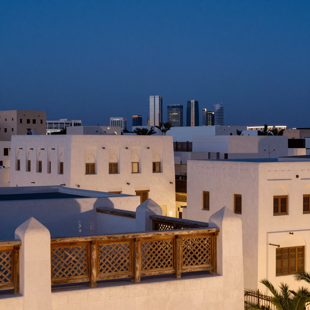 Twilight View of Muscat Oman Traditional Architecture and Modern Skyline in in Muscat, Oman
