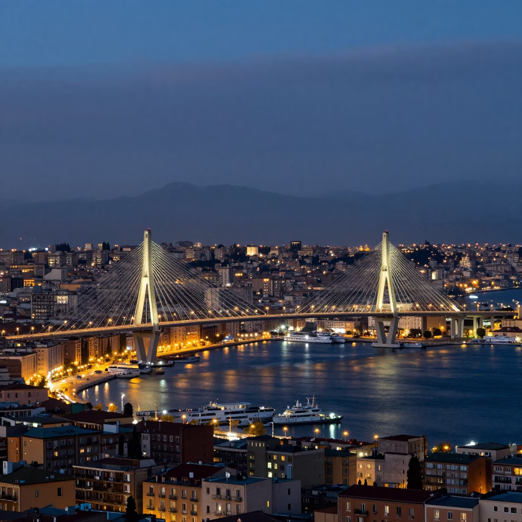 Twilight view of Naples harbor with illuminated cable-stayed bridge and historic cityscape in in Naples, Italy