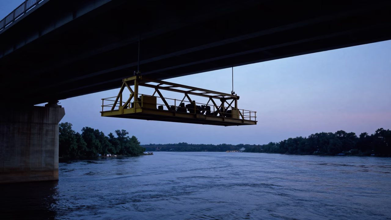 Twilight view of Nashville bridge maintenance cradle hanging over Cumberland River waters in in Nashville, Tennessee, United States