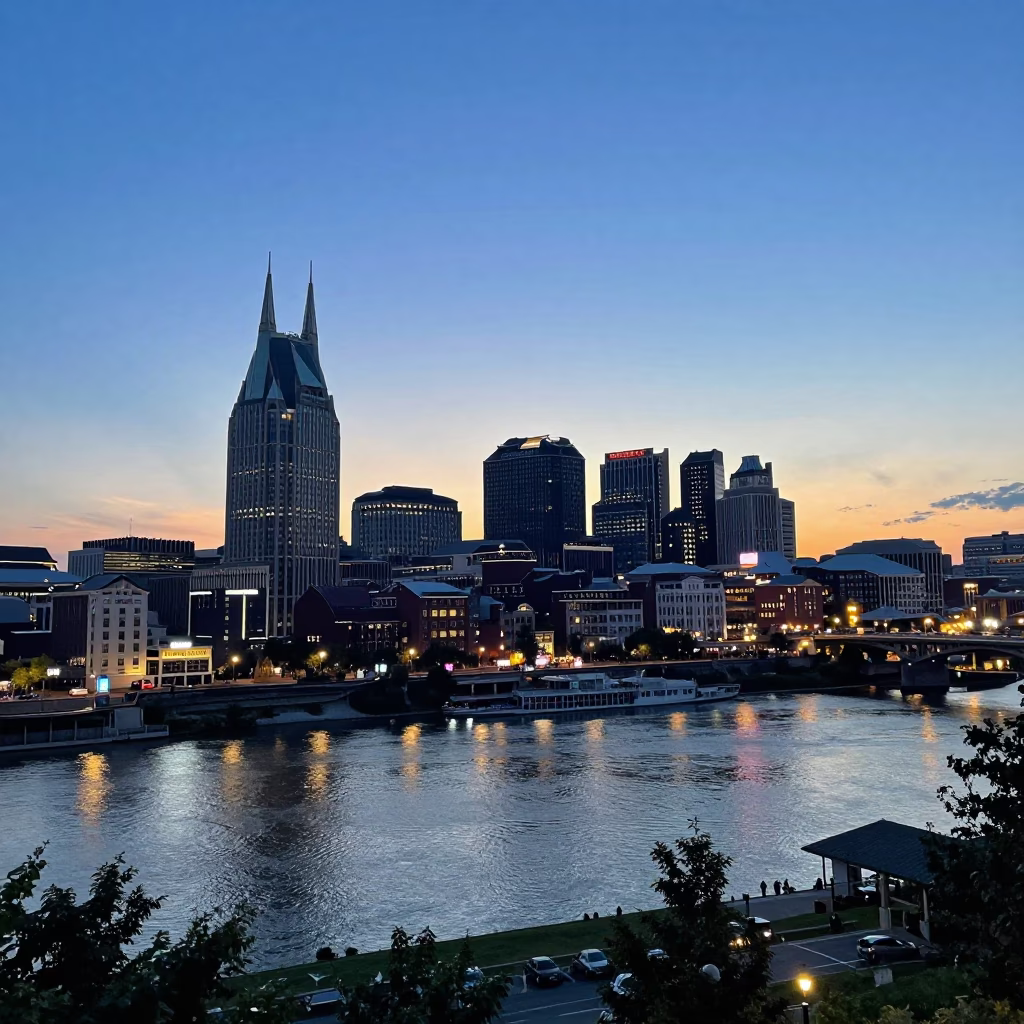 Twilight View of Nashville Tennessee Downtown Skyline and Riverfront Activity in in Nashville, Tennessee, United States