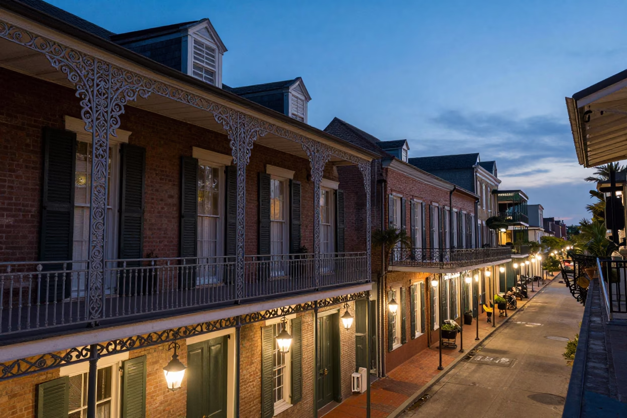Twilight View of New Orleans French Quarter Balconies and Street Lamps in in New Orleans, Louisiana, United States