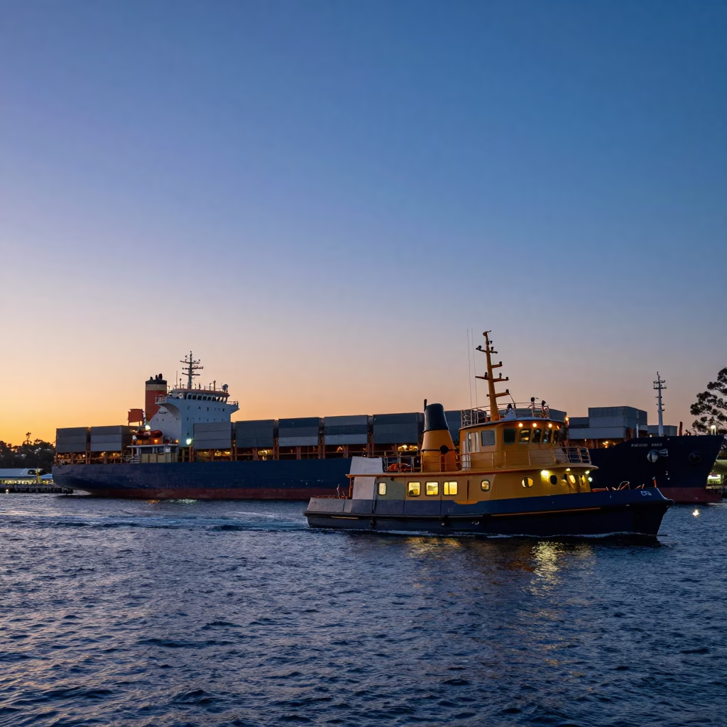 Twilight View of Perth Harbor with Pilot Boat Guiding Container Ship at Sunset in in Perth, Western Australia, Australia
