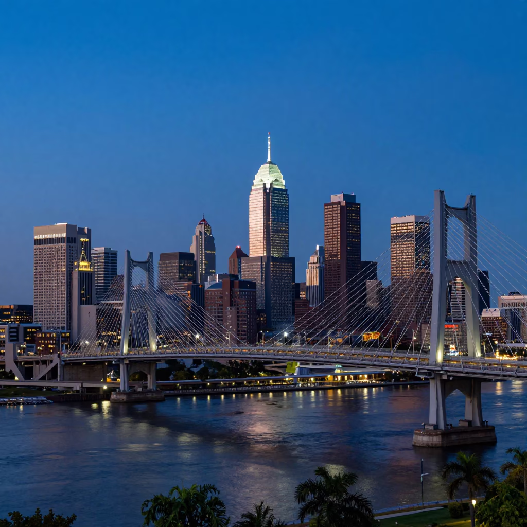 Twilight View of Philadelphia Center City Skyline and Cable-Stayed Bridge Over Schuylkill River in in Philadelphia, Pennsylvania, United States
