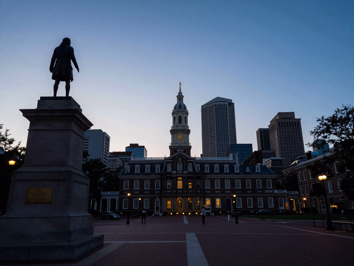 Twilight View of Philadelphia City Hall and Independence Hall with Colorful Street Scene in in Philadelphia, Pennsylvania, United States