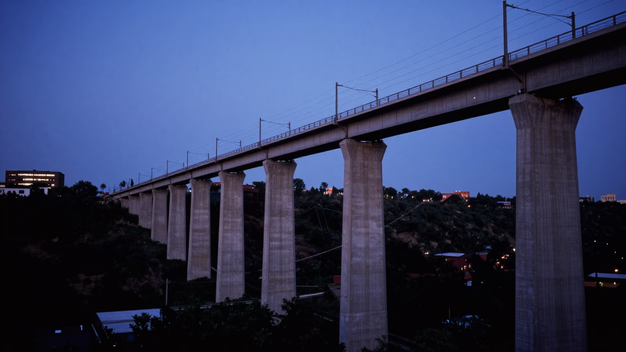 Twilight View of Philadelphia Concrete Viaduct and Urban Infrastructure in in Philadelphia, Pennsylvania, United States