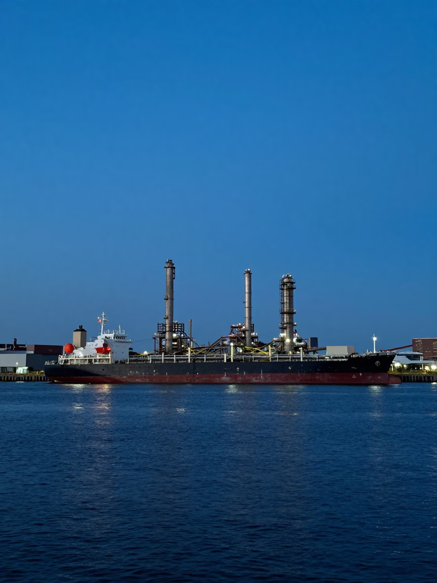 Twilight View of Philadelphia Industrial Waterfront with Tanker Ship and Amber Beacons in in Philadelphia, Pennsylvania, United States