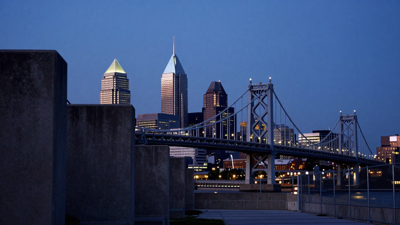 Twilight View of Philadelphia Pennsylvania Skyline from Ben Franklin Bridge Parking Lot in in Philadelphia, Pennsylvania, United States