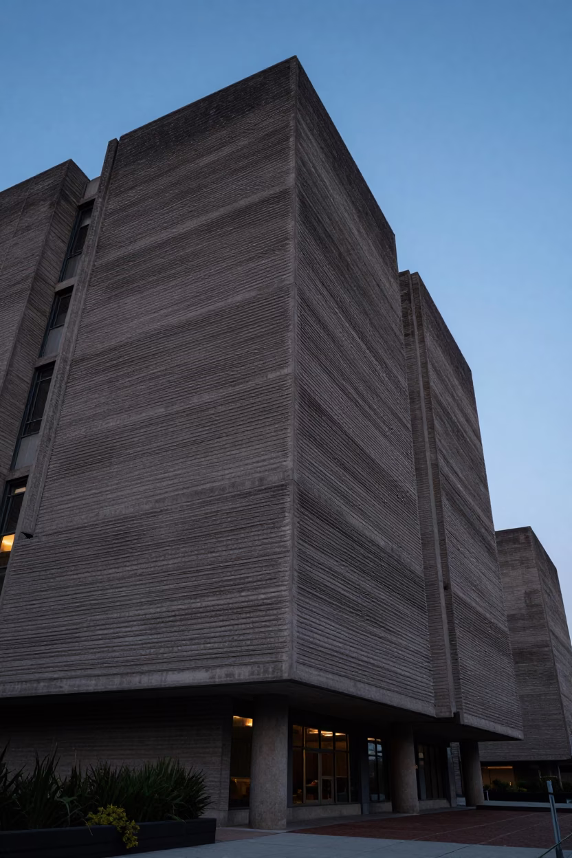 Twilight view of Portland Oregon brutalist concrete university architecture and street scene in in Portland, Oregon, United States