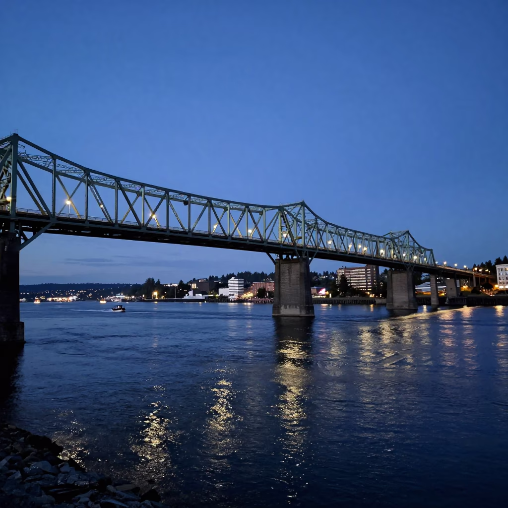 Twilight View of Portland Oregon Waterfront Bridge and River Traffic in in Portland, Oregon, United States