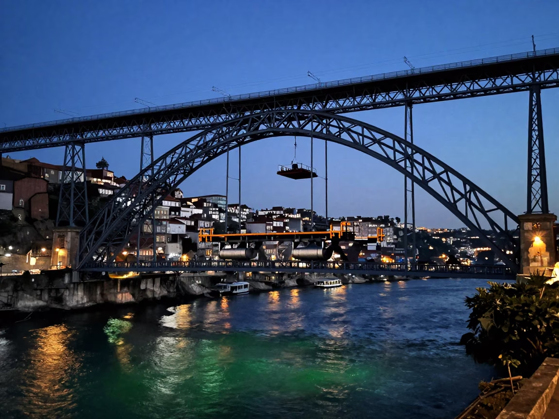 Twilight View of Porto Portugal Bridge Maintenance Cradle Over Douro River in in Porto, Portugal