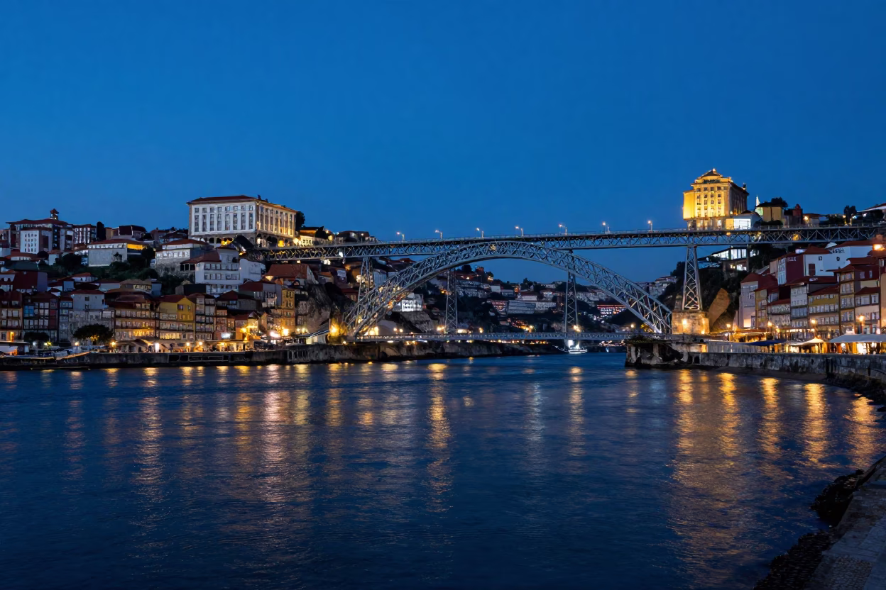 Twilight View of Porto Portugal Ribeira District Riverfront and Historic Architecture in in Porto, Portugal