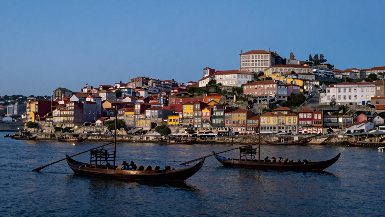 Twilight View of Porto Portugal Ribeira District Riverfront with Traditional Rabelo Boats in in Porto, Portugal