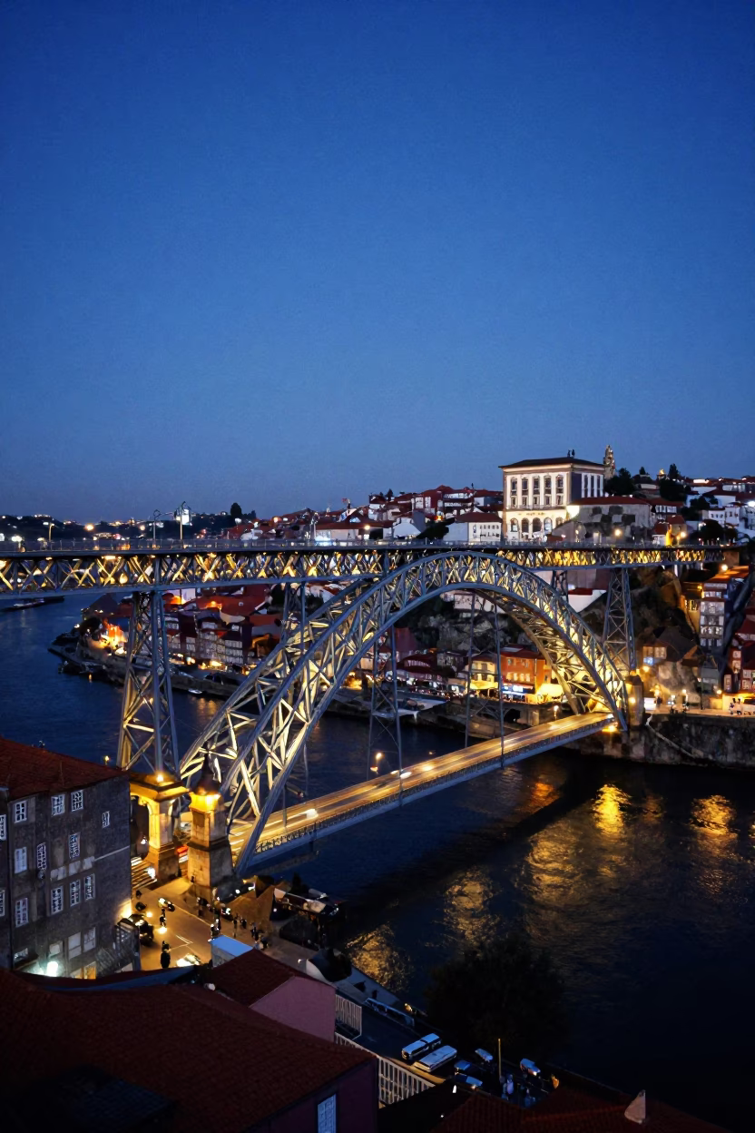 Twilight View of Porto's Dom Luis I Bridge and Douro River from Ribeira District in in Porto, Portugal