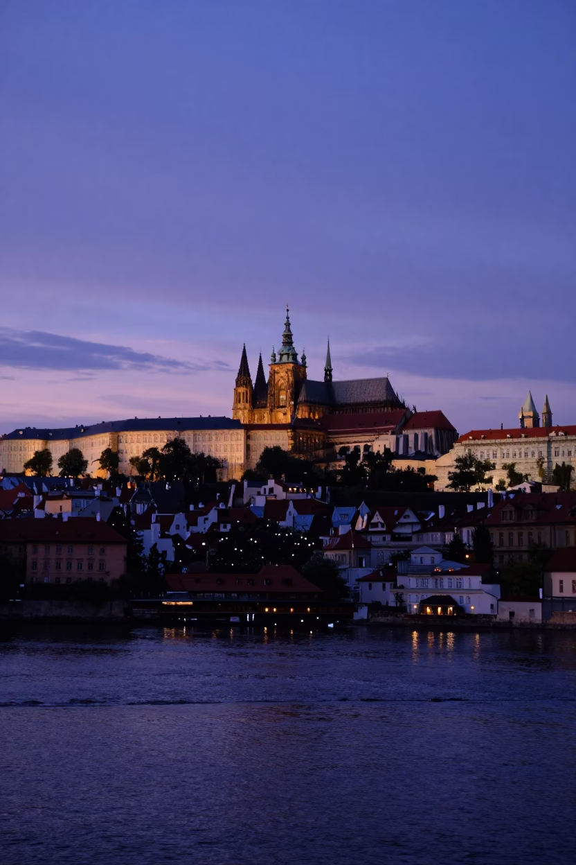 Twilight View of Prague Castle and Vltava River from Petřín Hill in in Prague, Czech Republic