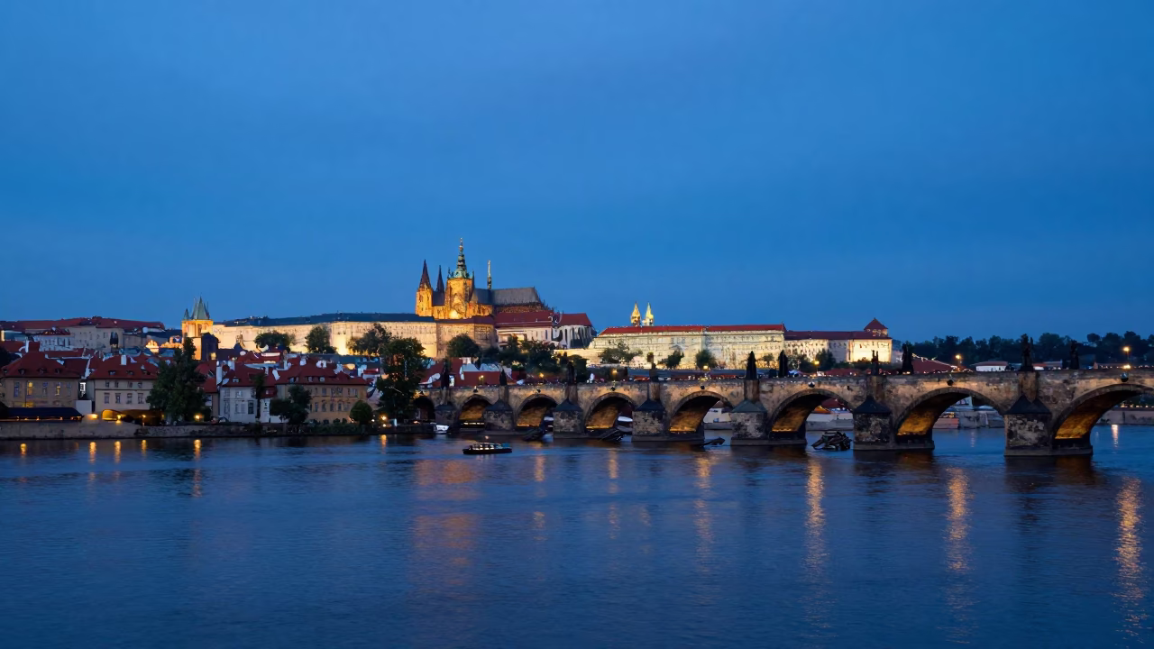 Twilight View of Prague Vltava River and Charles Bridge Stone Architecture in in Prague, Czech Republic