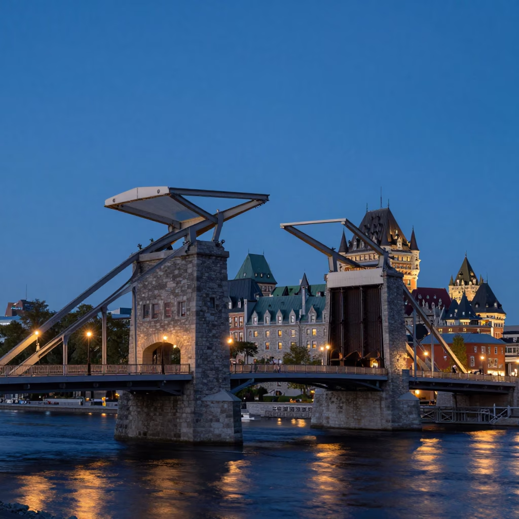 Twilight View of Quebec City Drawbridge and Historic Stone Architecture in in Quebec City, Quebec, Canada