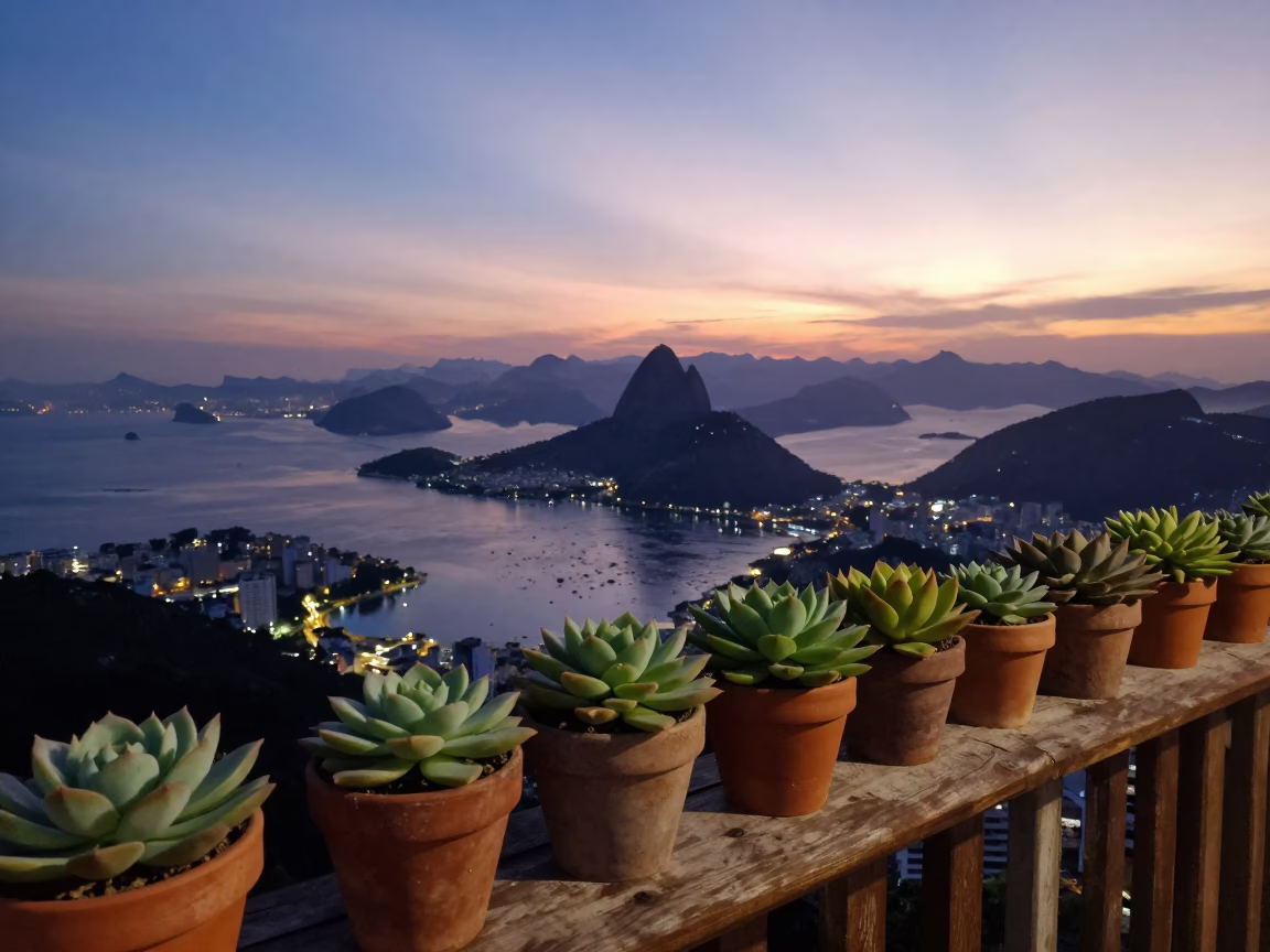 Twilight View of Rio de Janeiro Brazil with Succulents and Urban Landscape in in Rio de Janeiro, Brazil