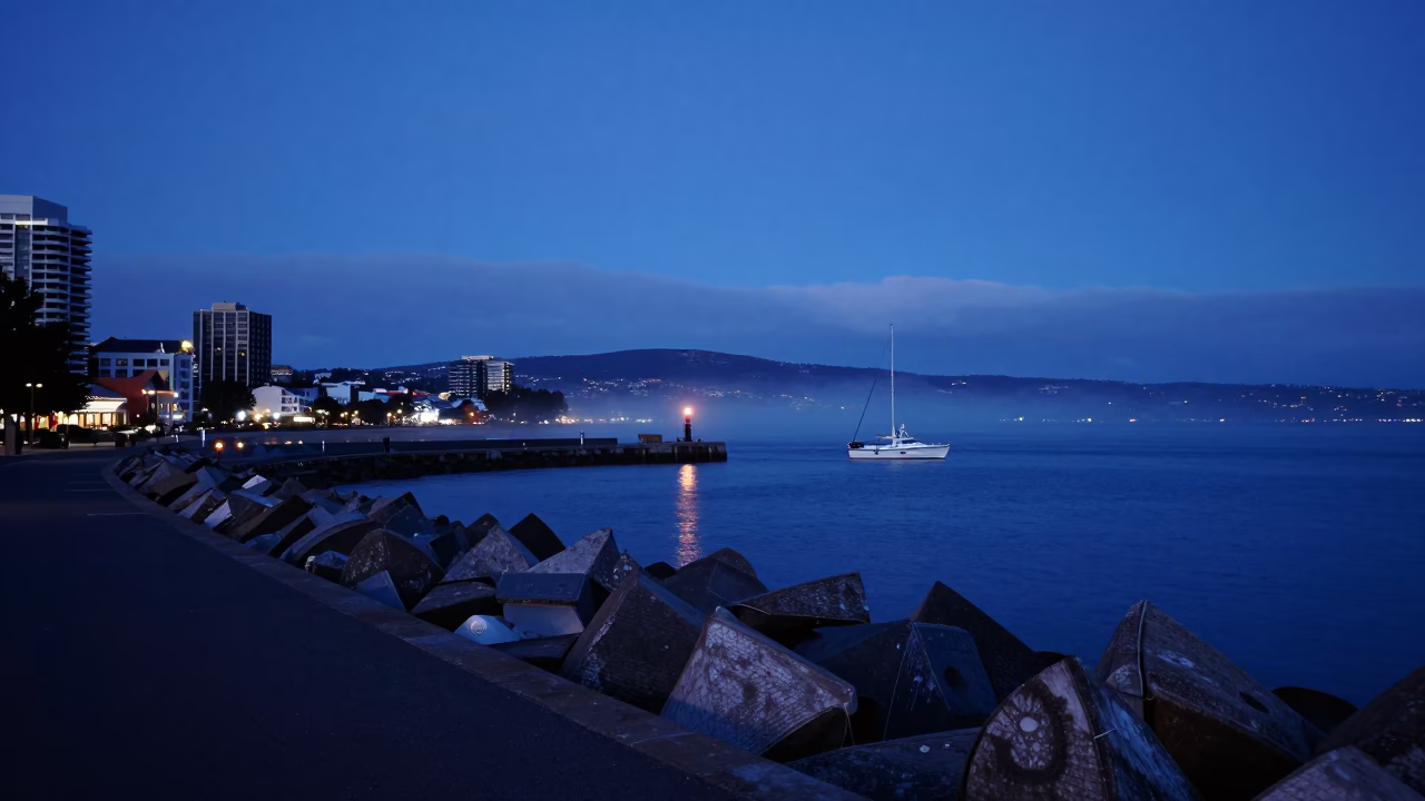 Twilight View of Salamanca Place Hobart Tasmania Australia with Blue Hour Harbor Breakwater Beacon in in Hobart, Tasmania, Australia