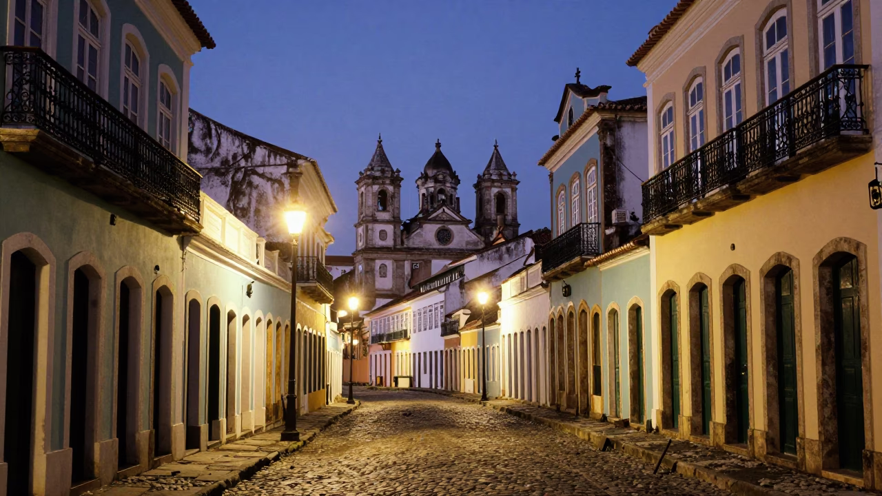 Twilight View of Salvador Brazil Colonial Architecture and Street Life in in Salvador, Brazil
