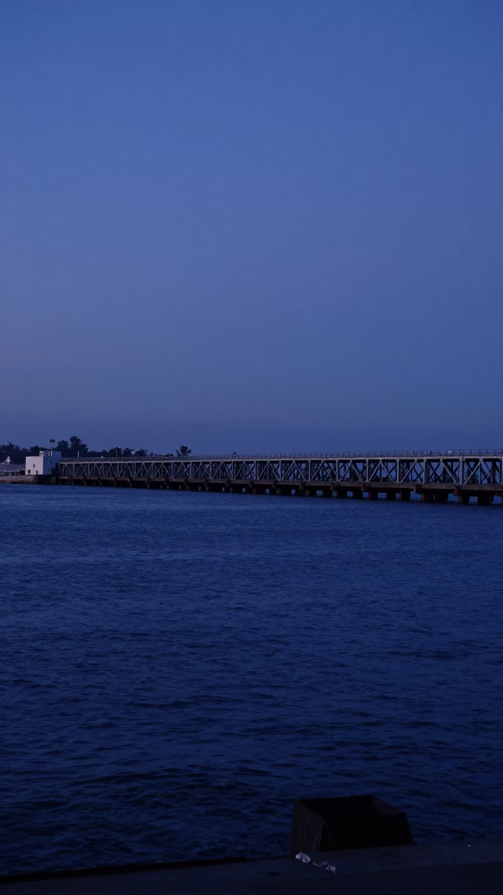 Twilight View of San Diego Bay and Storm Surge Barrier at Dusk in in San Diego, California, United States
