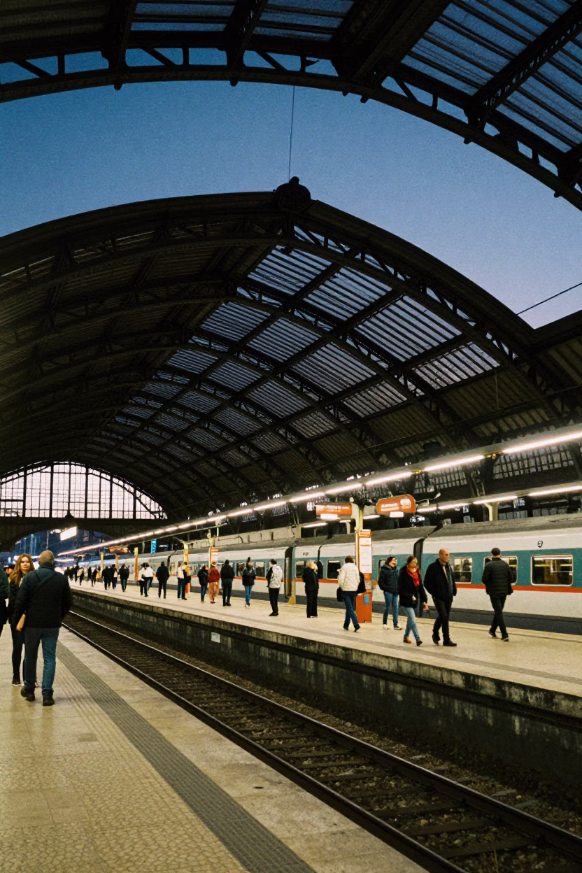 Twilight View of Santa Apolonia Station Arched Roof and Steel Structure in Lisbon Portugal in in Lisbon, Portugal