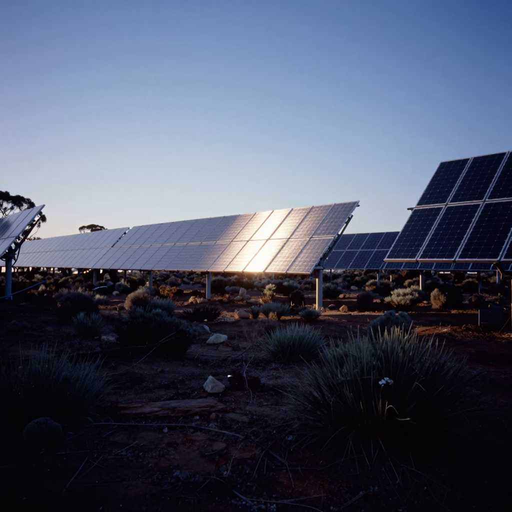 Twilight View of Solar Array Glinting Silver Across Perth Western Australia Gravel and Scrub in in Perth, Western Australia, Australia
