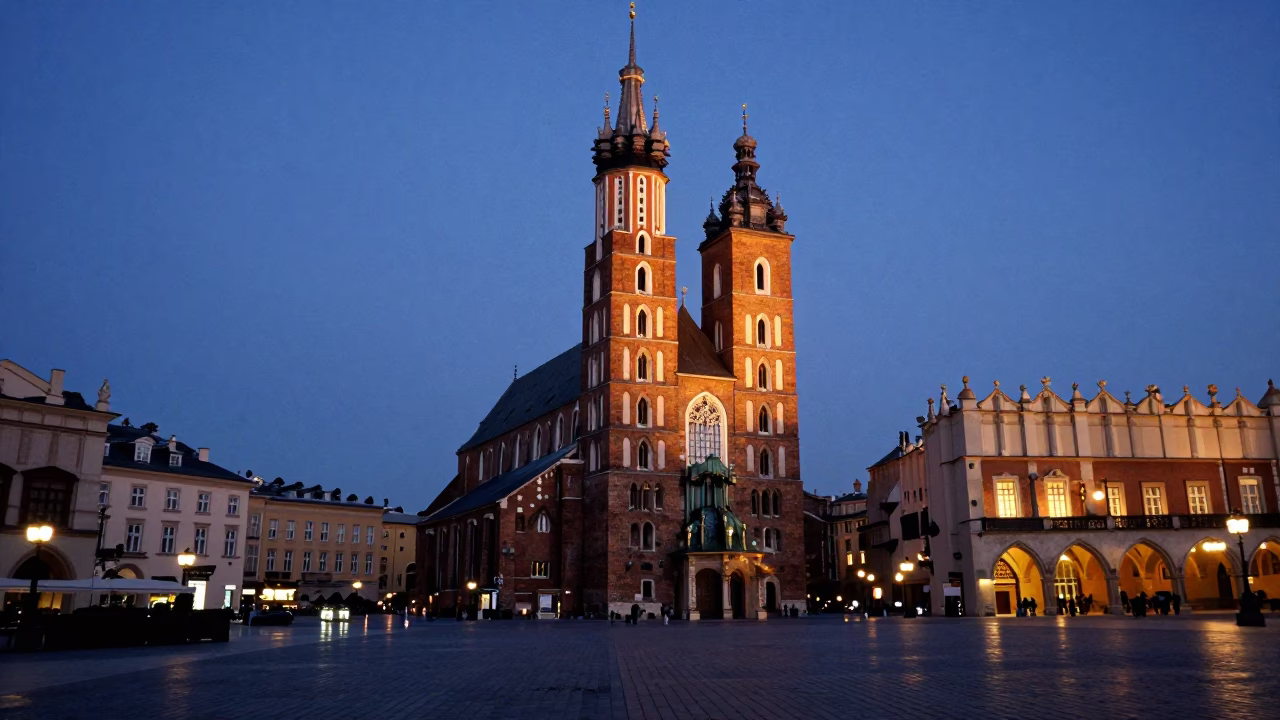 Twilight view of St. Mary's Basilica Gothic towers and cobblestone street in Krakow Poland in in Krakow, Poland