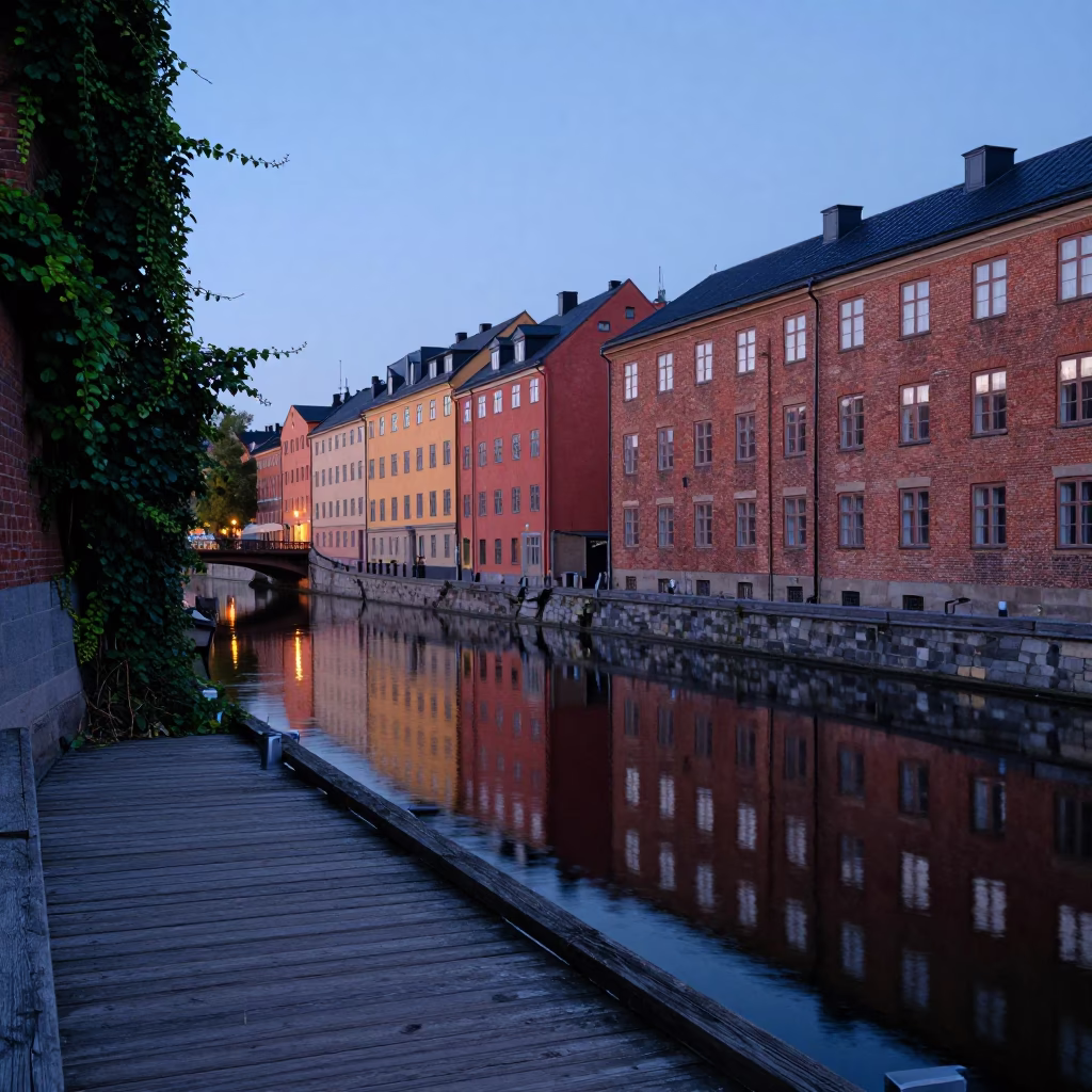 Twilight View of Stockholm Canal with Ivy Vines and Terracotta Pots on Wooden Dock in in Stockholm, Sweden