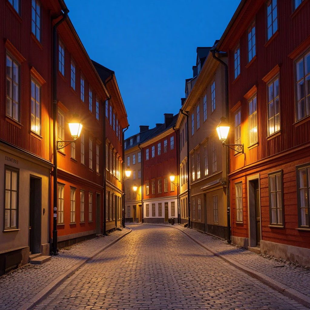 Twilight View of Stockholm Gamla Stan Cobblestone Streets and Historic Red Buildings in in Stockholm, Sweden