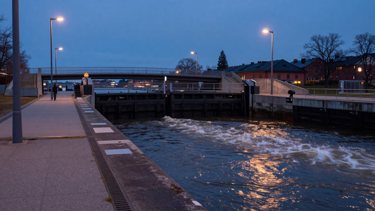 Twilight View of Stockholm Sluice Gate Walkway and Bridge Pier in Sweden in in Stockholm, Sweden
