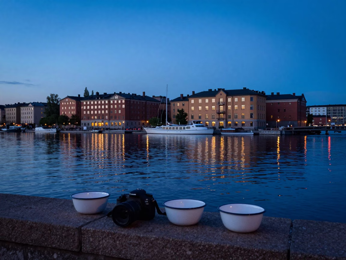 Twilight View of Stockholm Waterfront with Enamel Bowls and Urban Reflections in in Stockholm, Sweden