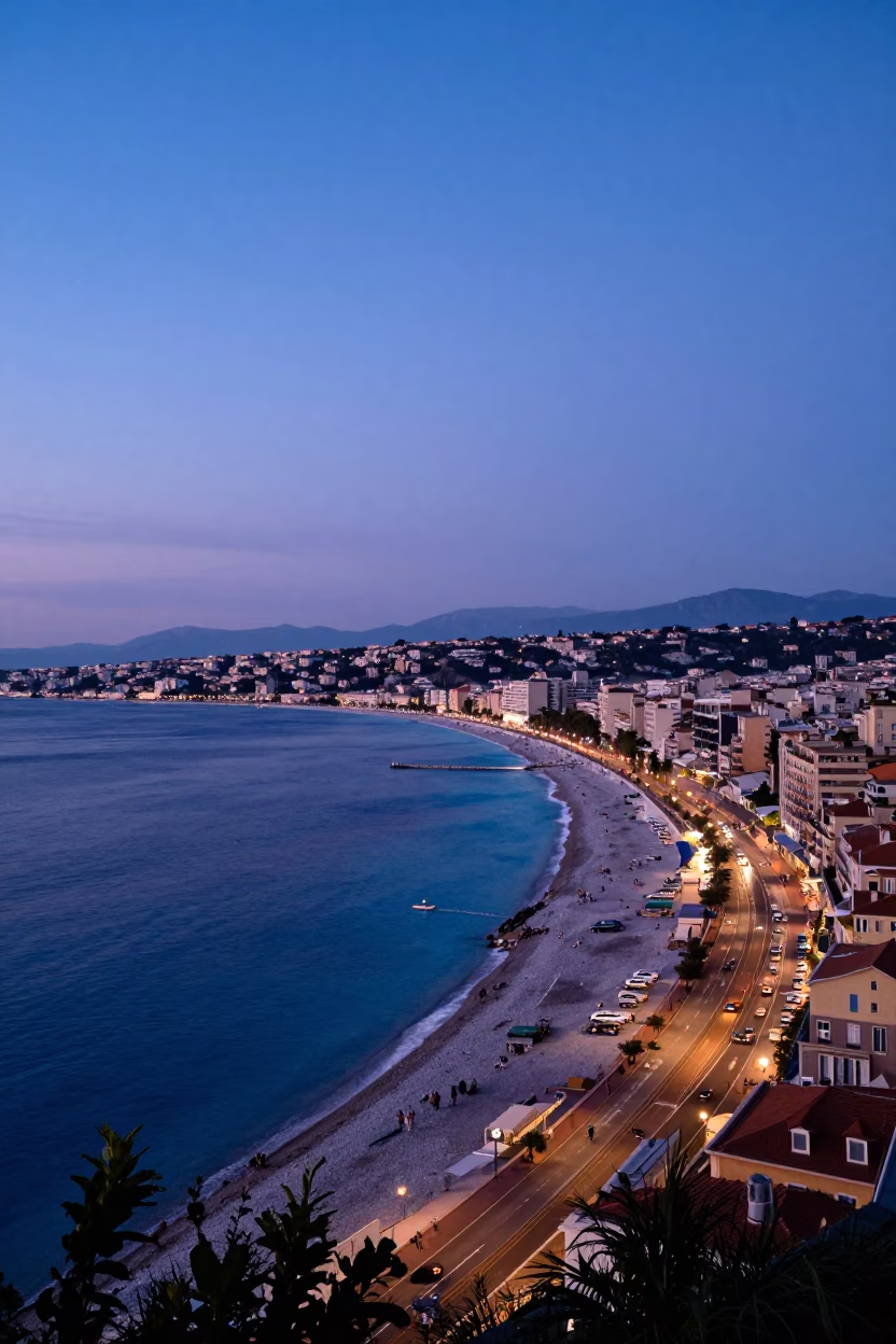 Twilight View of the Baie des Anges and Promenade des Anglais in Nice France in in Nice, France