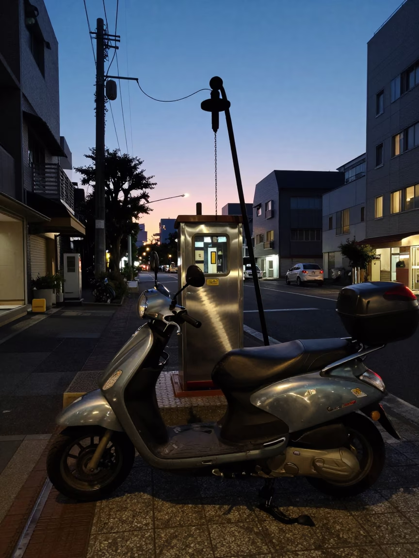 Twilight View of Tokyo Japan Street Scene with Scooter and Urban Infrastructure in in Tokyo, Japan
