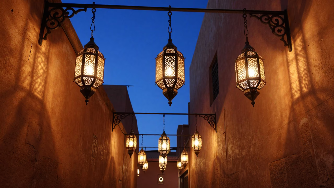 Twilight View of Traditional Moroccan Lanterns Hanging in Marrakech Medina Alleyway in in Marrakech, Morocco