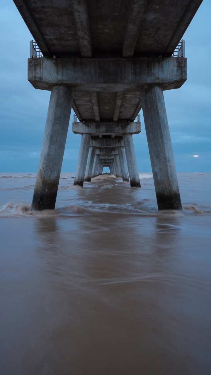 Twilight View of Valencia Spain Bridge Pier Base Swirling Muddy Floodwater in in Valencia, Spain