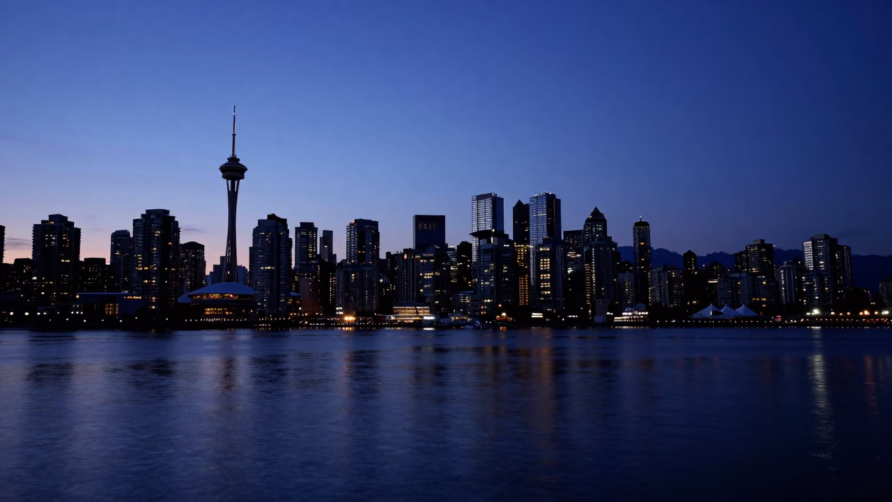 Twilight View of Vancouver Downtown Skyline and Harbor Waterfront in in Vancouver, British Columbia, Canada