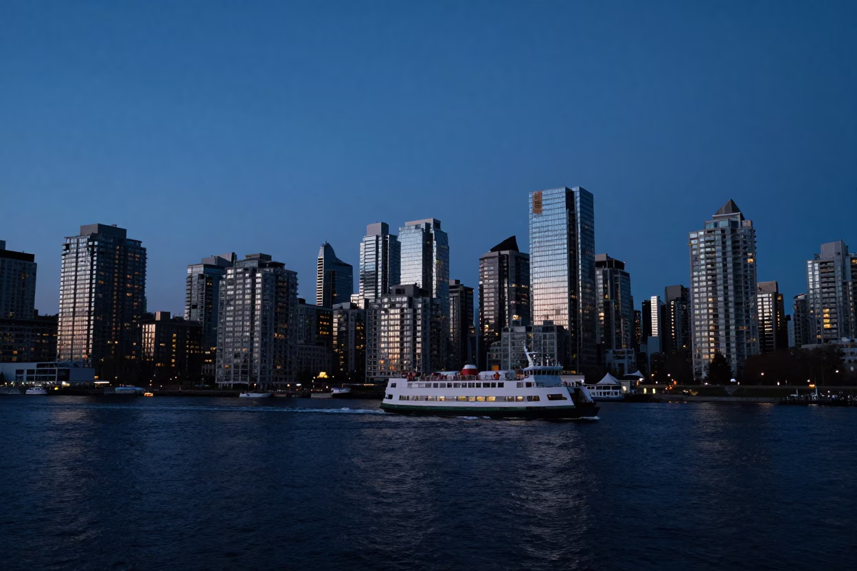 Twilight View of Vancouver Skyline and Harbor with Ferry and Waterfront Activity in in Vancouver, British Columbia, Canada